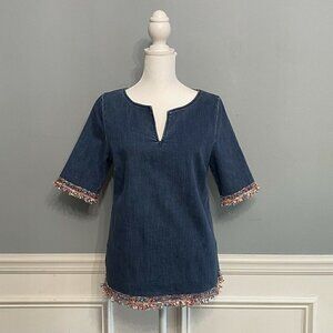 Caroline Biss Denim Top Split Neck Fringe Trim